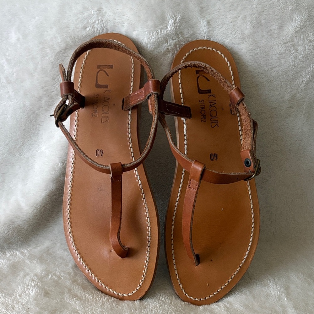 St. Tropez Brown Leather T-Strap Sandals